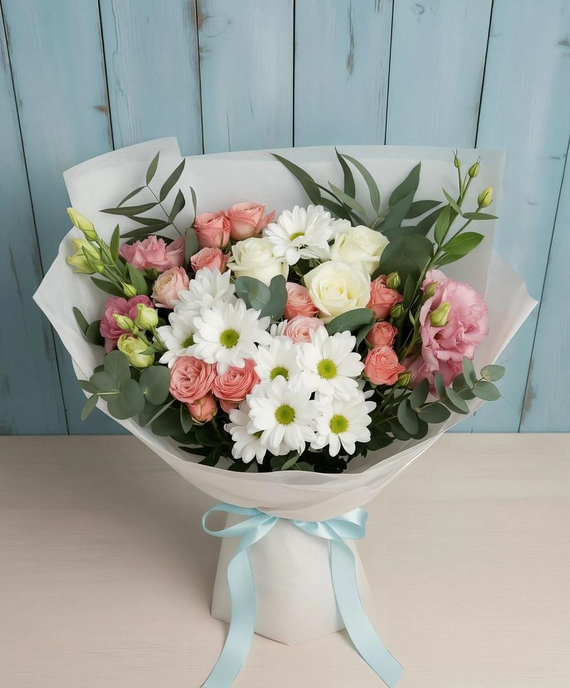 Букет цветов из: Розы, Лизиантусы и Хризантемы в Вязноватовке