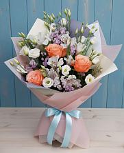 Букет цветов из:  Лизиантусы, Розы, Альстромерии и Гипсофила в Вязноватовке